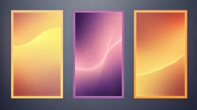 Three vertical framed abstract panels glow with smooth yellow and purple wave gradients on a textured dark wall.