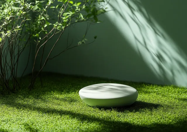 Minimal abstract cylinder on green grass with soft sunlit shadows