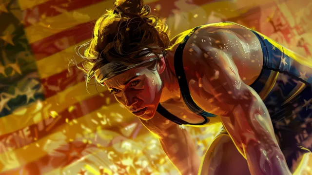 Female freestyle wrestler in a 62 kg match, executing a dynamic takedown