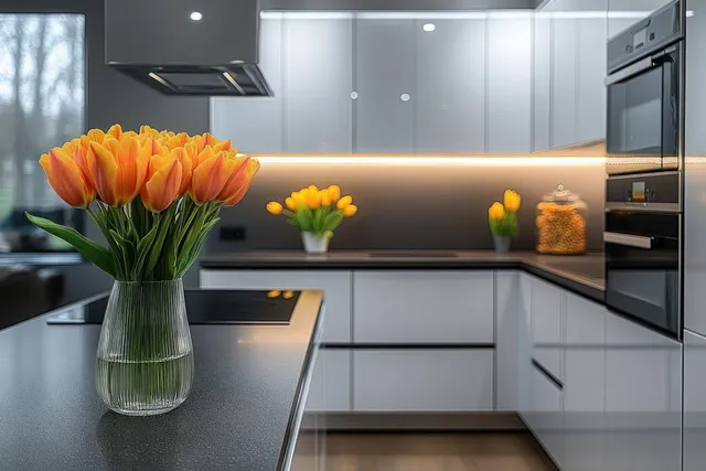 Minimalist modern kitchen counter with tulips in a glass vase and ambient under-cabinet lighting
