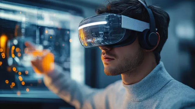 Student engineer in a robotics lab wearing a VR headset while interacting with a glowing bionic arm simulation.