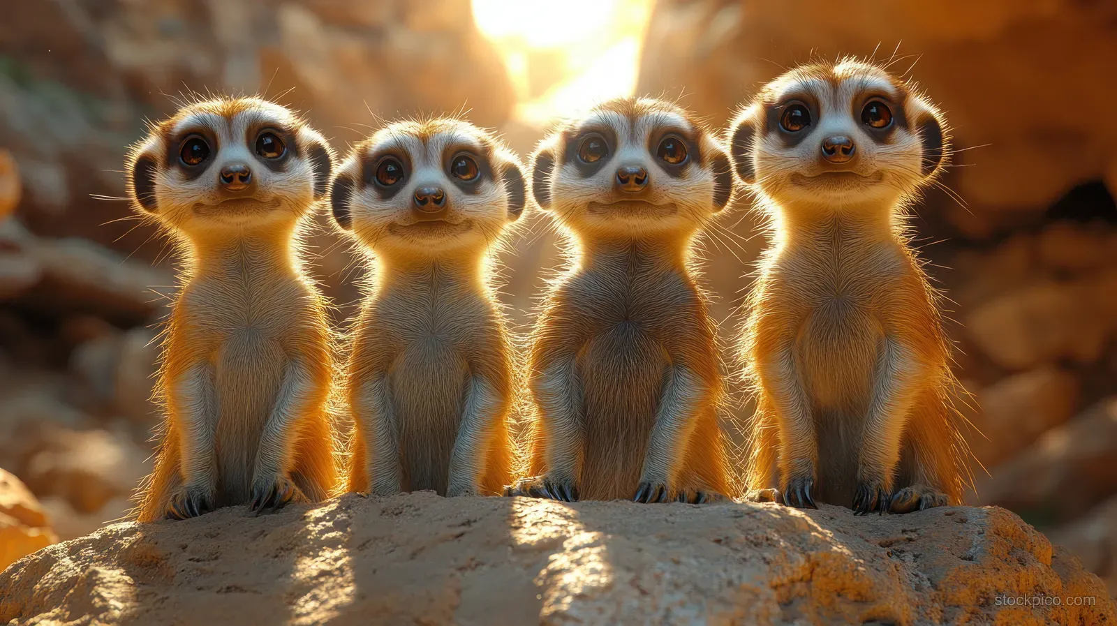 An alert group of meerkats stands together on a sunlit rocky outcrop, watching the surroundings.