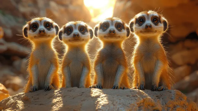 An alert group of meerkats stands together on a sunlit rocky outcrop, watching the surroundings.