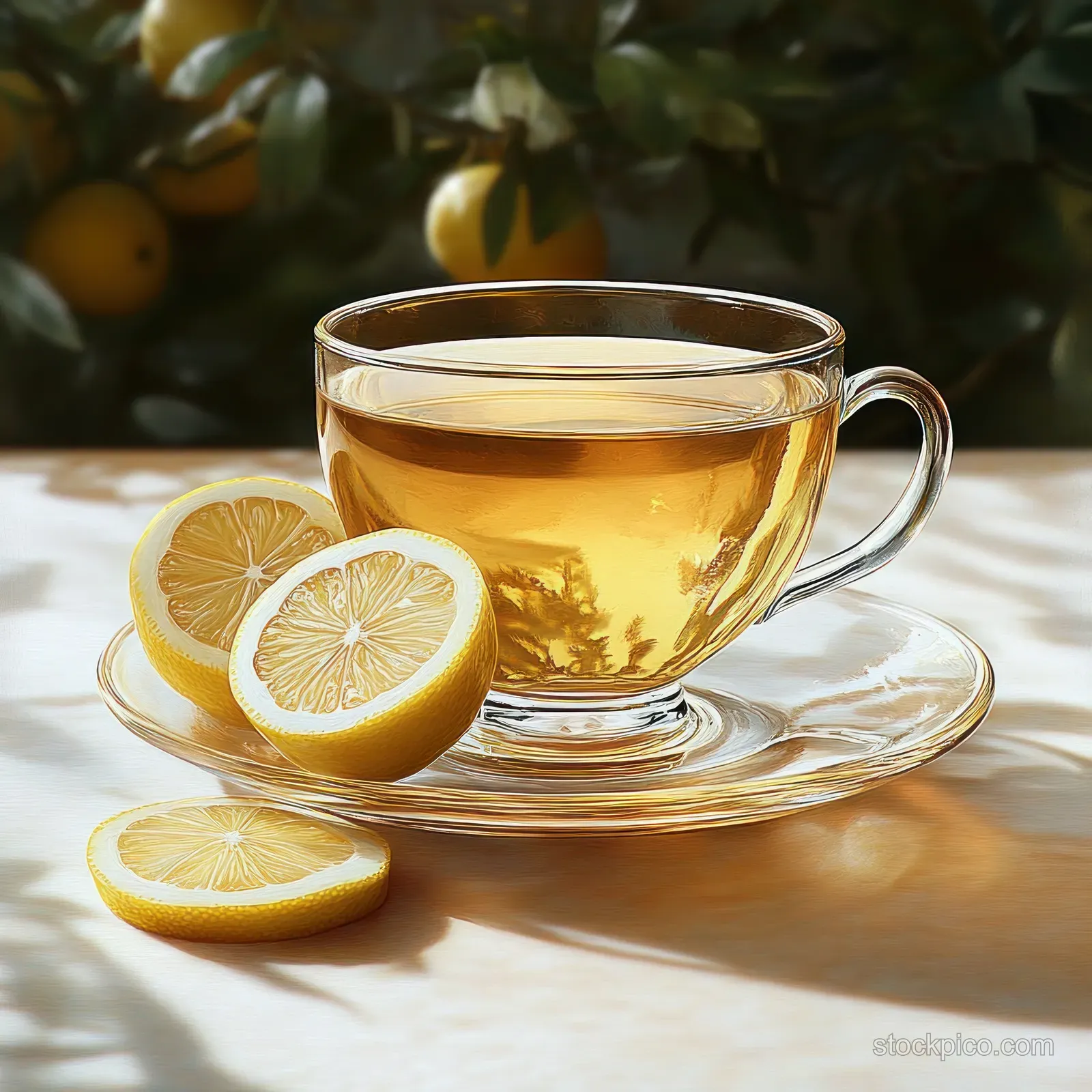 Warm lemon tea in a clear glass cup on a saucer with lemon slices and sunlight through green leaves.