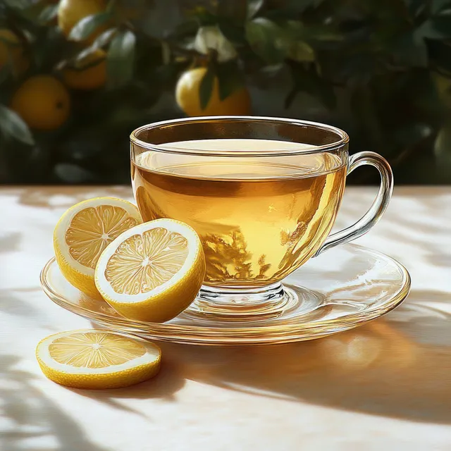 Warm lemon tea in a clear glass cup on a saucer with lemon slices and sunlight through green leaves.