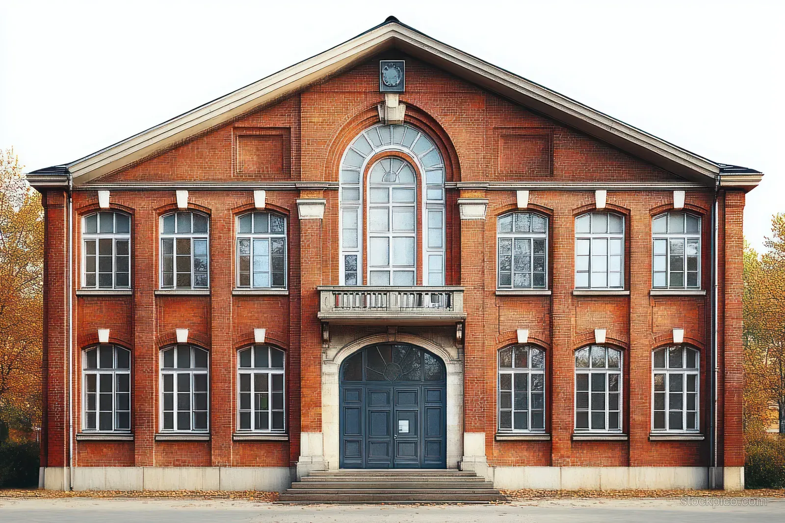Symmetrical red brick building facade with white-framed arched window and blue double doors beneath an ornate balcony.