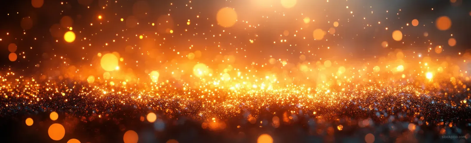 Golden bokeh lights sparkle across a dark festive background, creating a glowing band with empty copy space.
