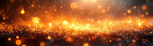 Golden bokeh lights sparkle across a dark festive background, creating a glowing band with empty copy space.
