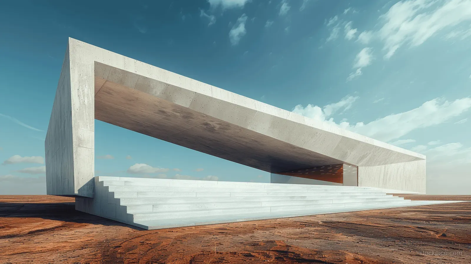 A white triangular concrete building with sharp edges rises above flat ground beneath a blue sky.