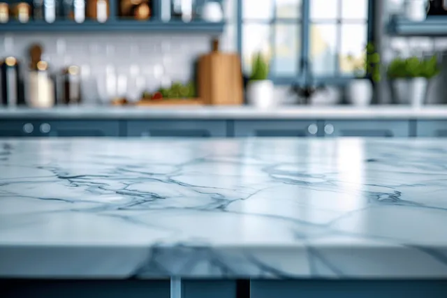 Blue and white kitchen countertop closeup with veined marble and softly blurred background