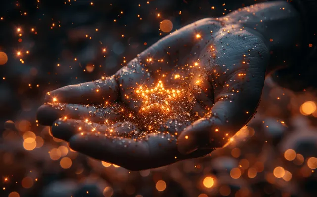 Two hands releasing glowing golden spark particles over a dark blurred bokeh background.