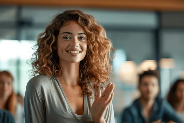 Businesswoman gesturing while delivering a corporate presentation to an audience in a modern office.