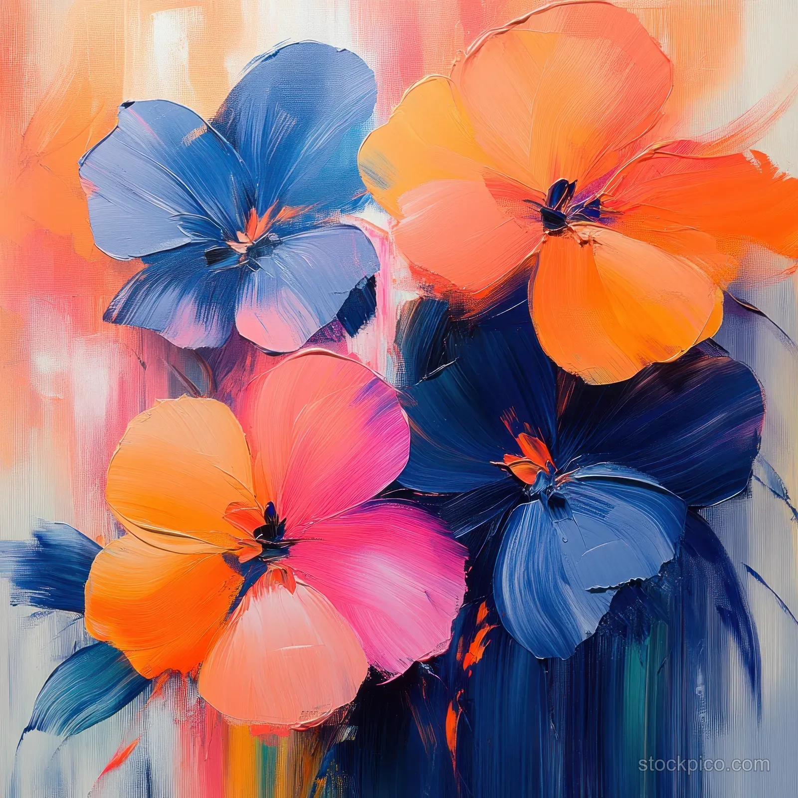 Colorful abstract painted flowers with layered brush strokes glowing against a soft pastel background.