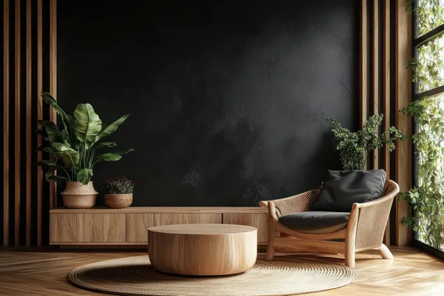 Minimalist living room with a black accent wall, Scandinavian armchair, wood coffee table, plants, and large window light.