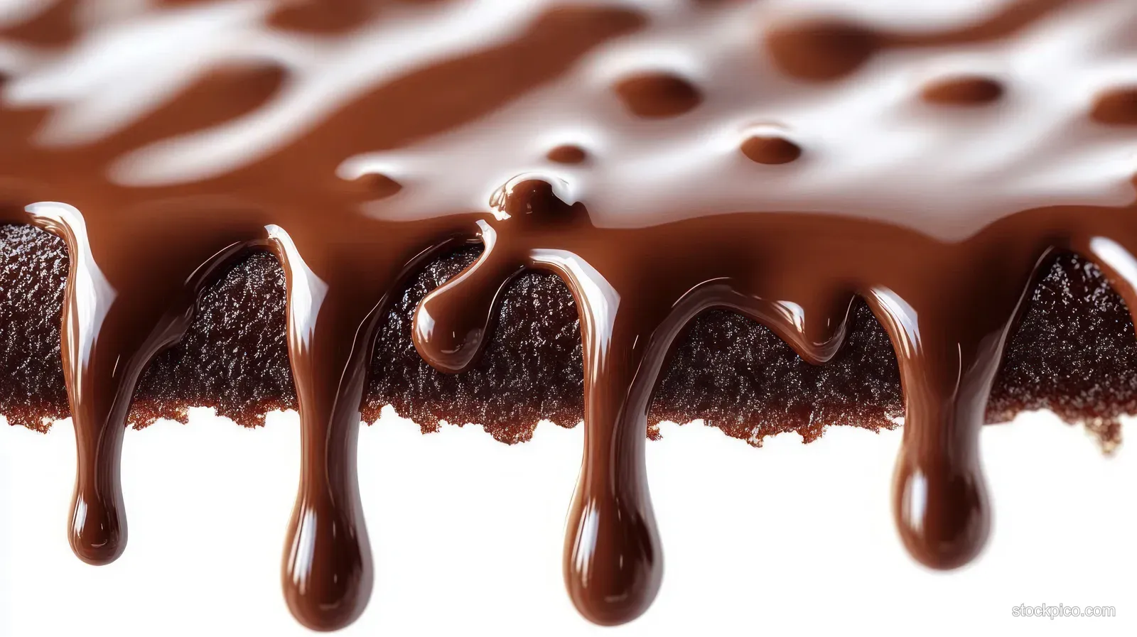 Dark chocolate cake squares with thick glossy chocolate sauce drips against a white background.