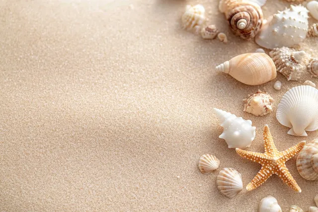 Seashells and a starfish rest on golden sand in a top-down coastal background texture.