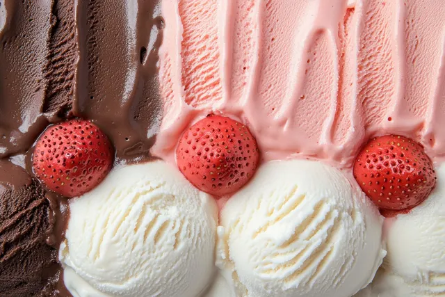 Chocolate and vanilla ice cream scoops topped with fresh strawberries in close-up view.