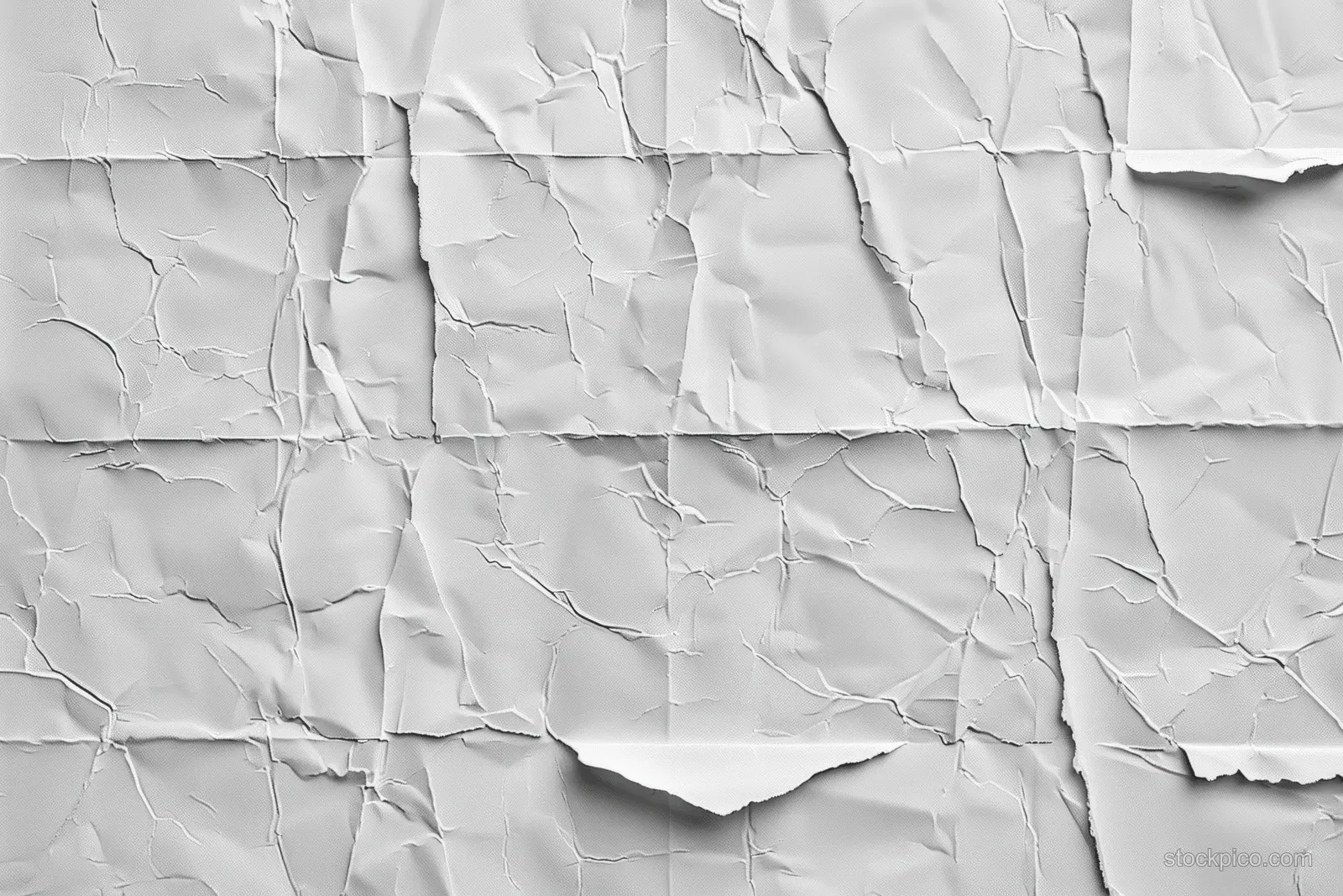 Crumpled white paper sheet texture with visible creases, small tears, and gray shadowed folds.