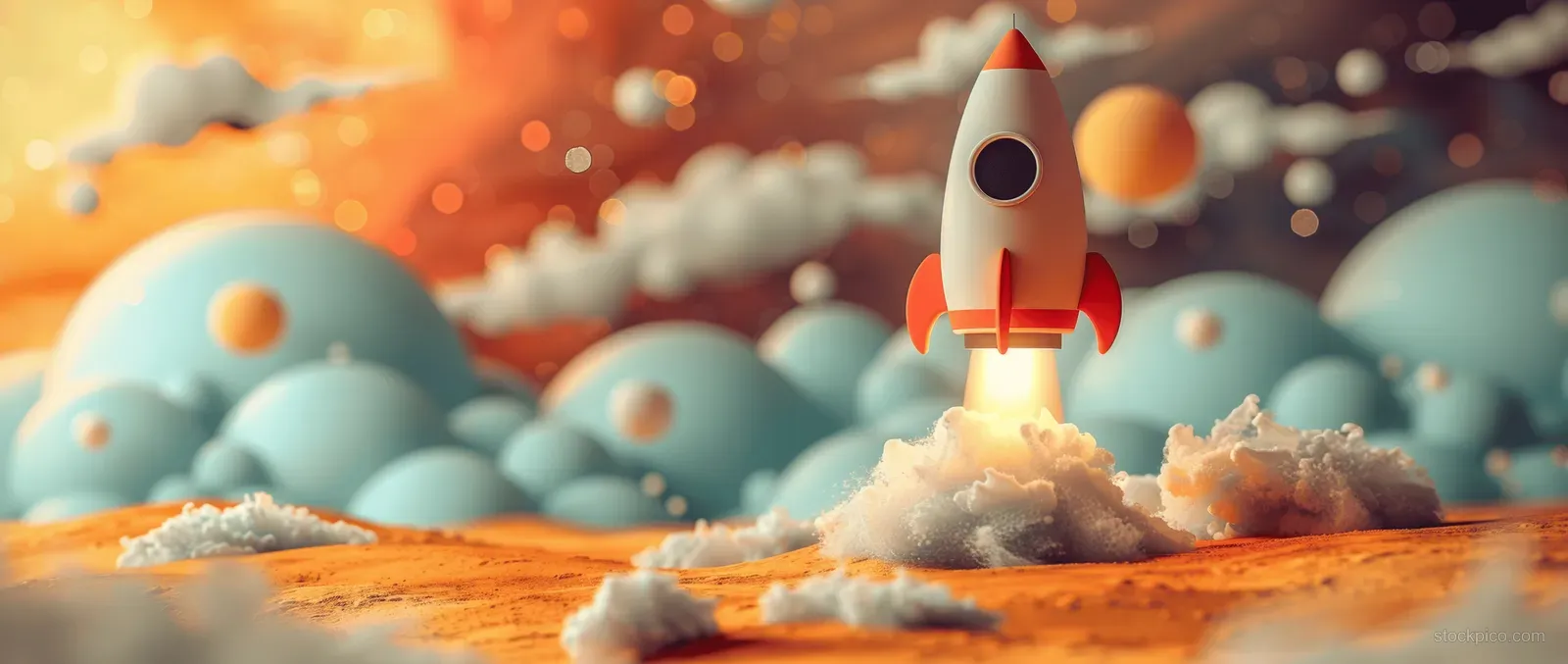 Red rocket blasts off above sandy ground amid cloudy pastel sky and floating bubble spheres.