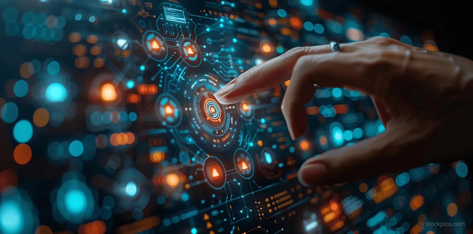 Hands gesture over a glowing digital wellbeing interface above blurred office network lights.