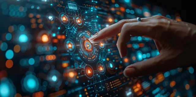 Hands gesture over a glowing digital wellbeing interface above blurred office network lights.