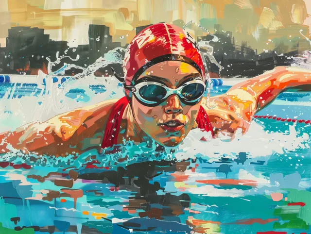 Female freestyle swimmer in goggles and cap splashes through water with a vibrant outdoor landscape background.
