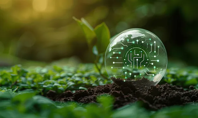 Glass orb with circuit pattern above seedlings in fertile soil