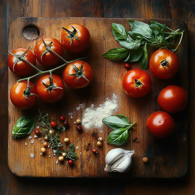 Red vine tomatoes, basil, garlic, peppercorns, salt crystals, and flour arranged on a wooden cutting board.