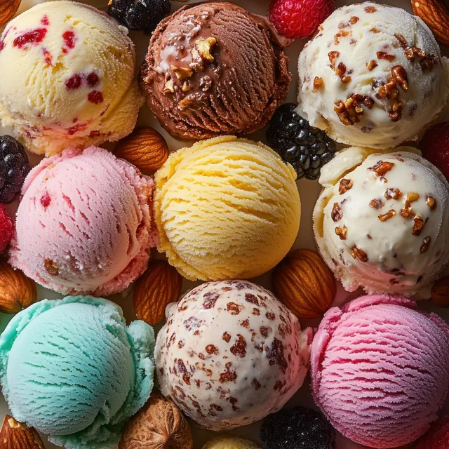 Colorful ice cream scoops with berries and mixed nuts over textured dark chocolate crumbs