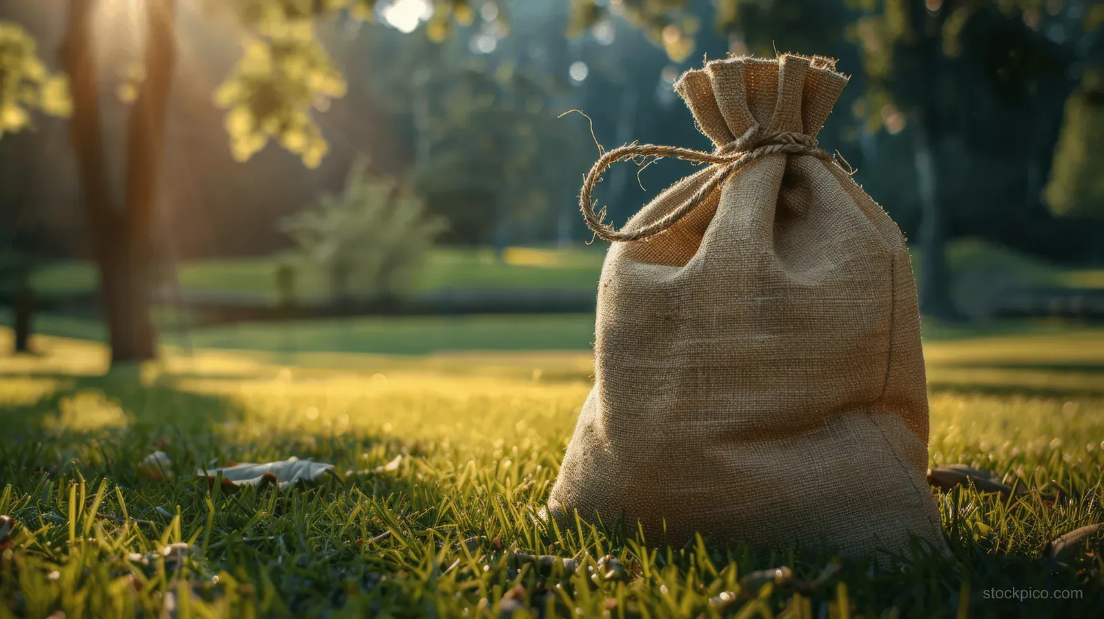 White drawstring sports school bag resting on green grass with trees softly blurred in the background.