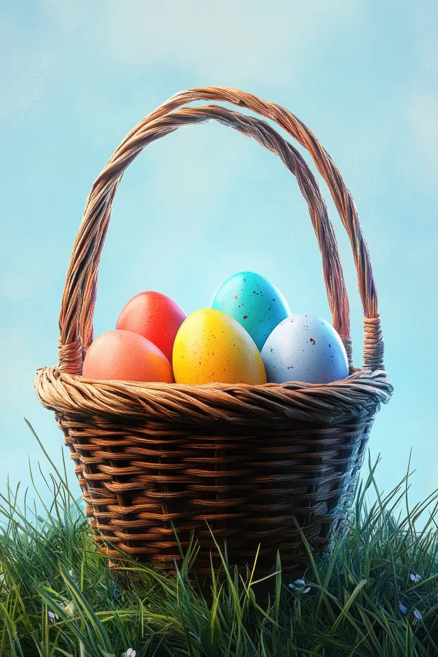 Wicker basket filled with colorful speckled Easter eggs sitting on green grass against a bright blue sky.