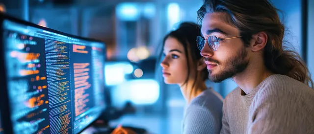 Two professionals working late, studying code on dual computer monitors in a dim office.