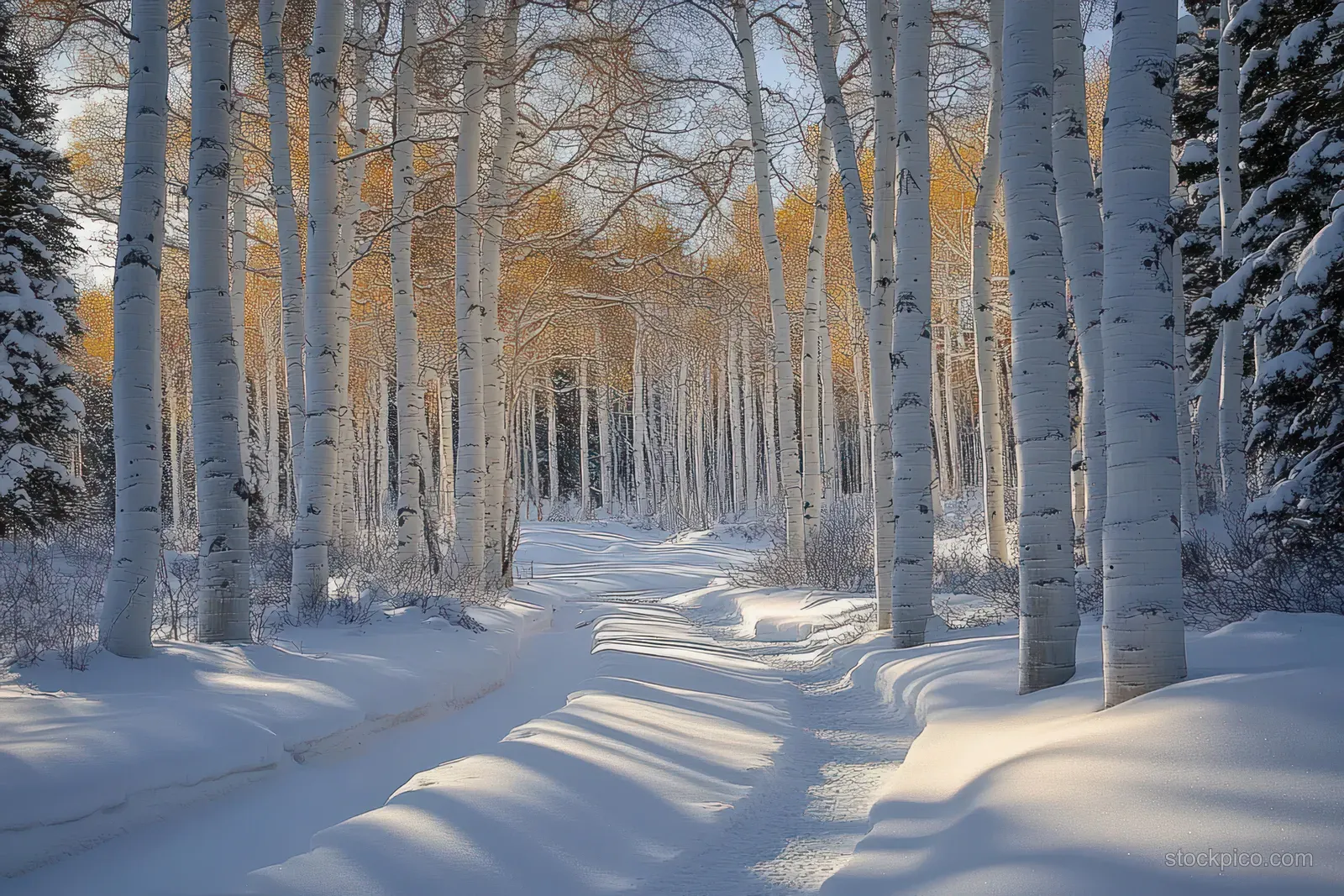 Snowy trail winds through tall birch trees with white bark and golden leaves under soft winter sunlight.