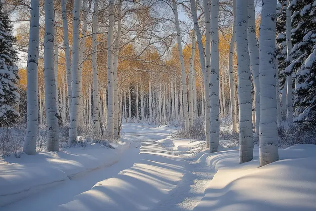 Snowy trail winds through tall birch trees with white bark and golden leaves under soft winter sunlight.