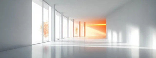 Minimalist white room interior with soft daylight entering through geometric window frames and long perspective.