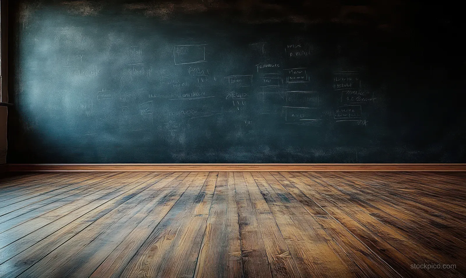 Empty classroom interior with a wooden floor and a large chalkboard showing faint diagrams and chalk writing.