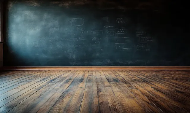 Empty classroom interior with a wooden floor and a large chalkboard showing faint diagrams and chalk writing.
