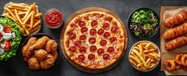 Overhead pizza party spread with pepperoni pizza, wings, fries, onion rings, and salad