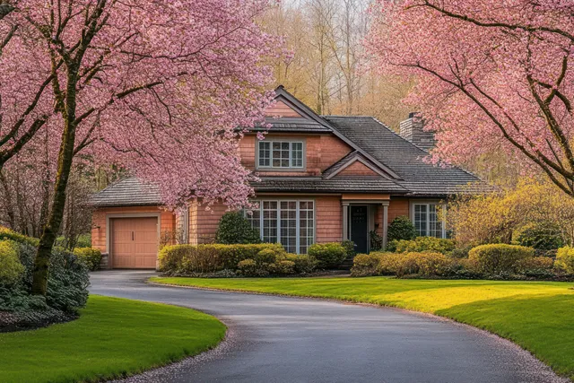 Suburban house front view with a curved driveway, green lawn, and pink cherry blossoms in spring sunlight.
