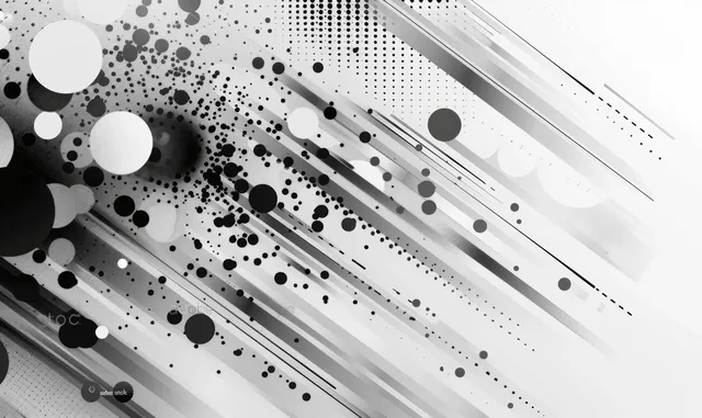 Futuristic diagonal stripes background with dotted halftone circles on light gray gradients