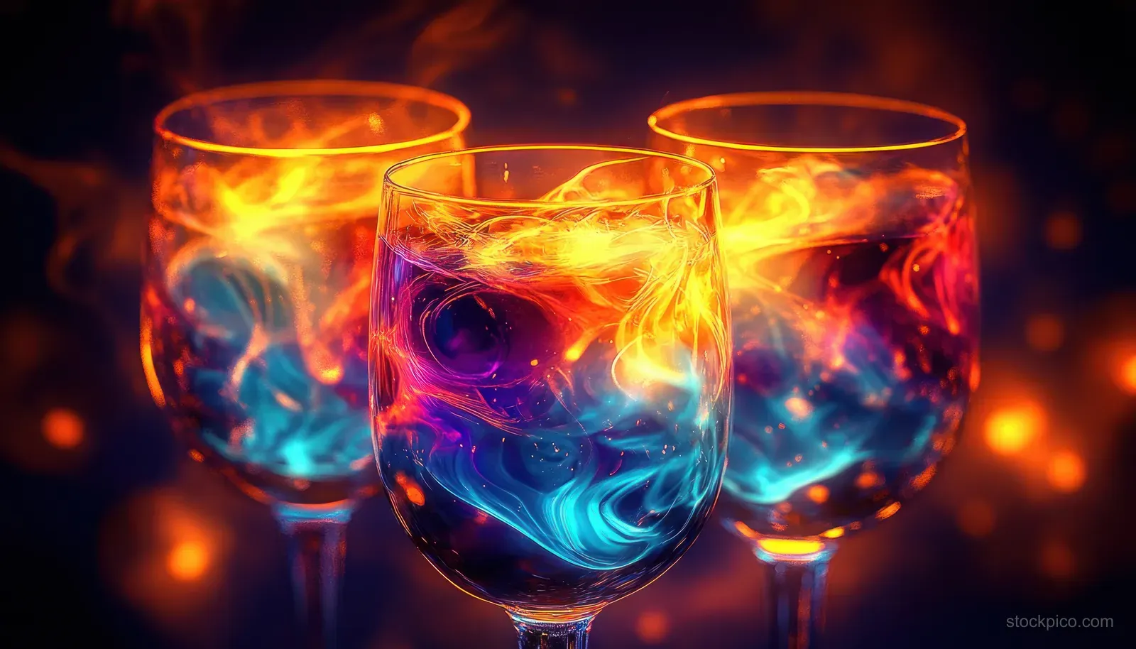 Three glowing wine glasses with swirling orange, yellow, purple, and blue liquid and a fiery flame-like aura.