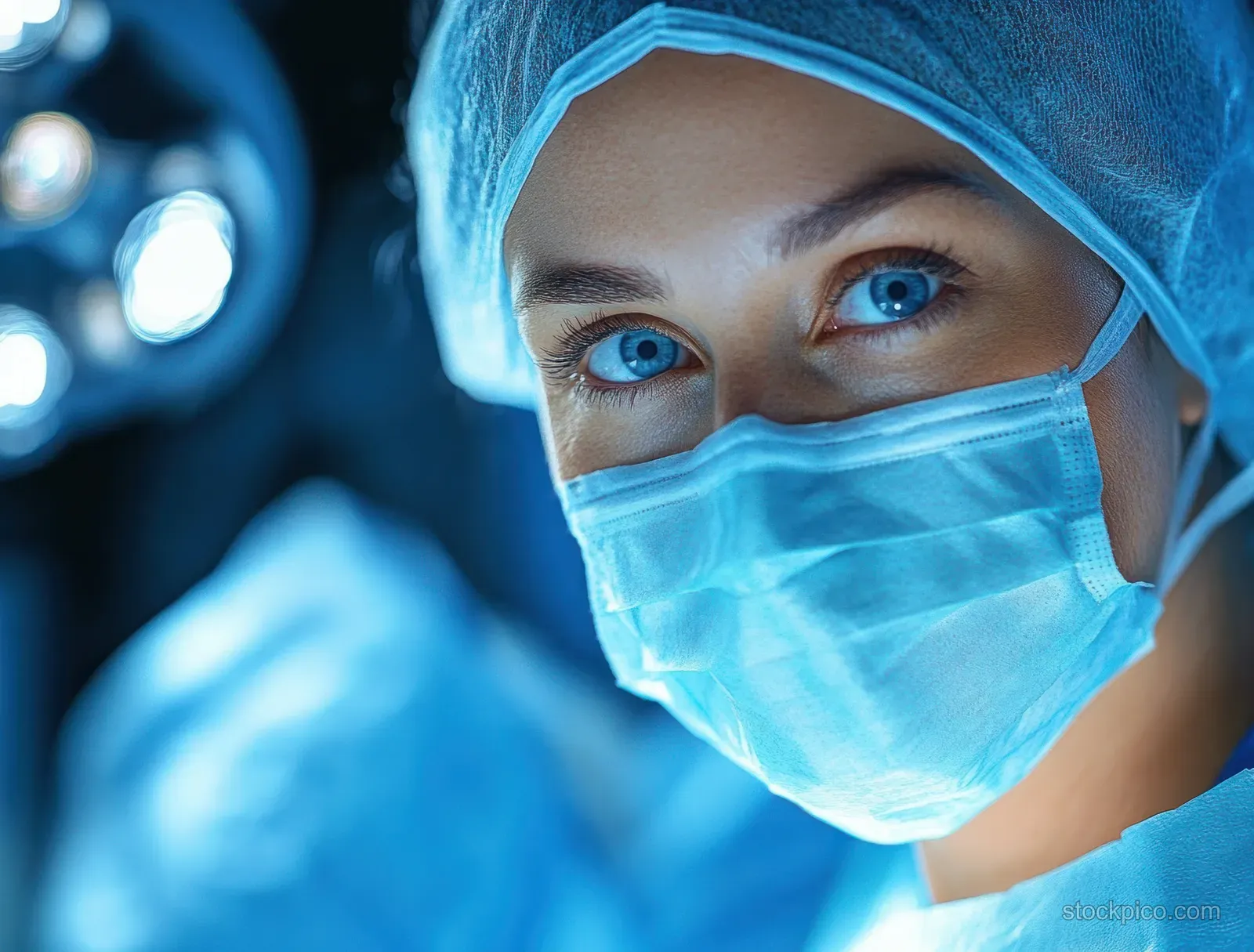 A masked female surgeon with a surgical cap is shown in close-up under blue operating-room lights.