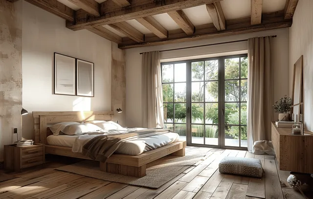 Rustic modern bedroom with a bed, bedside lamps, hardwood floor, exposed ceiling beams, and a large daylight window.