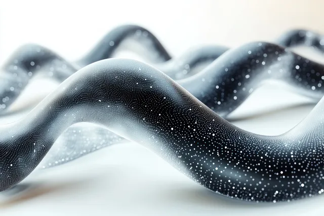A glowing wireframe DNA helix made of connected dots and lines curves across a soft medical research background.