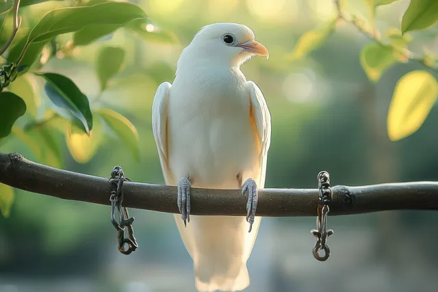 A white parrot perches on a branch amidst lush green foliage, illuminated by warm sunlight and soft bokeh.