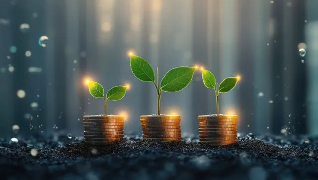 Small green seedlings sprouting from stacked coins with glowing tips in rainy dark soil