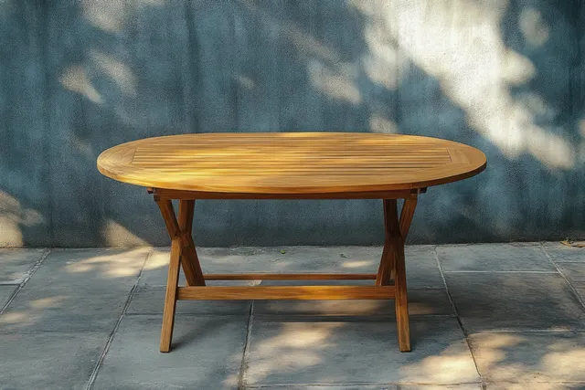 Wooden oval foldable table on stone tiles with shadows on the wall and ground.