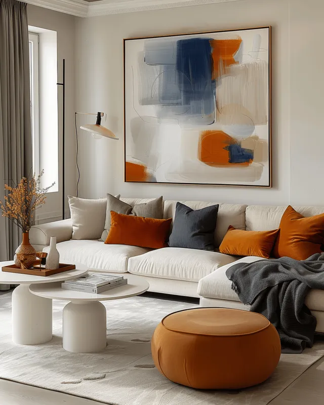 A sunlit minimalist living room showing a beige sofa with orange pillows, white coffee table, and abstract artwork on the wall.