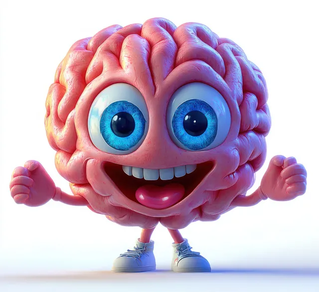 Cheerful cartoon brain character smiling with clenched fists on a clean white background