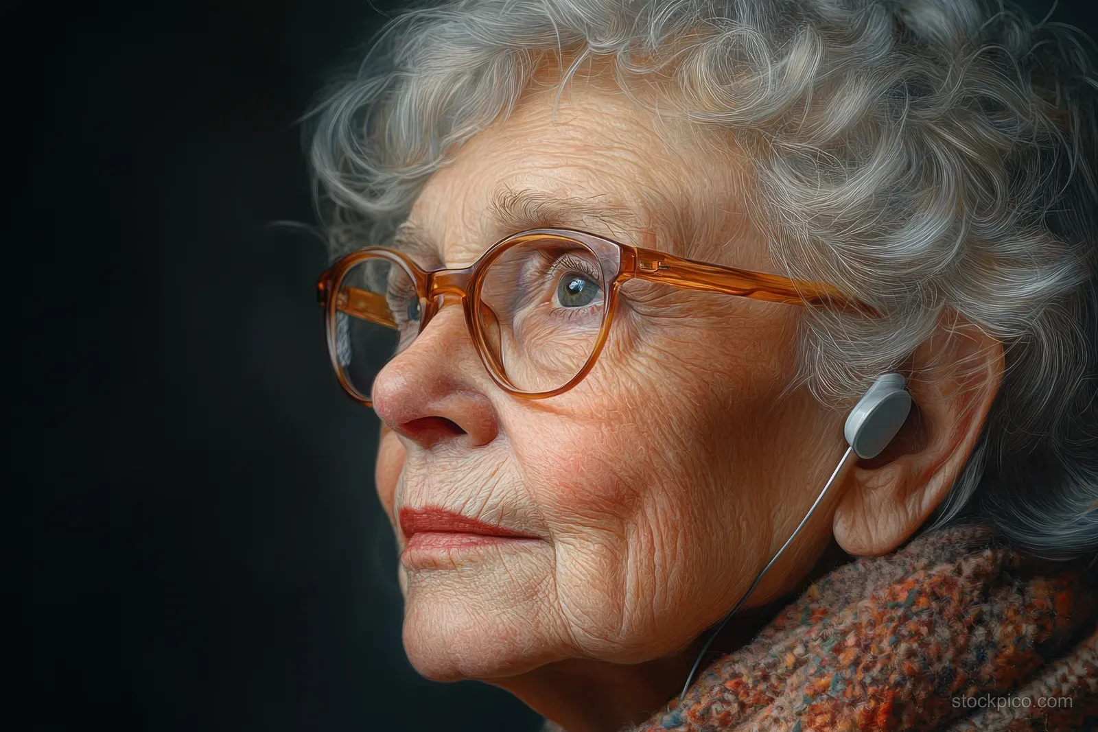 Elderly woman wearing glasses and a hearing aid in a warm softly lit indoor setting.